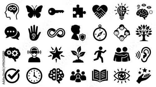 Collection of diverse icons representing abstract concepts like ideas growth connections and well being for business and education