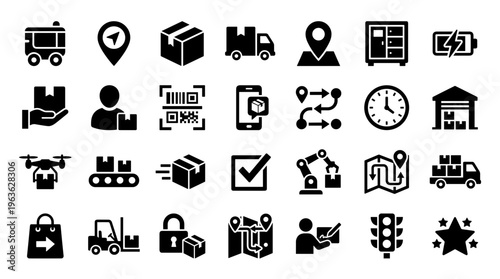 Logistics and delivery icons set for transportation and supply chain management concepts