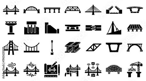 Collection of diverse bridge types and construction elements icons representing engineering and infrastructure design concepts