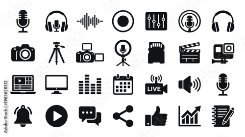 Collection of digital media and content creation icons representing video production audio recording and online communication tools for broadcasting and streaming