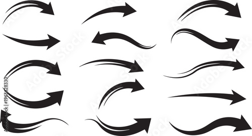 A collection of 12 black arrows with white background pointing in various directions