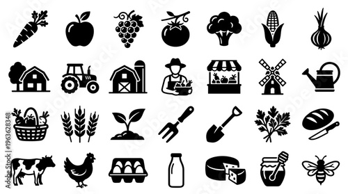 Farm fresh produce and animals collection icons representing agriculture and healthy organic food production