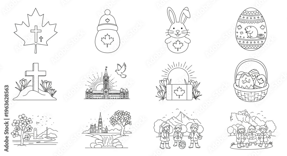Fototapeta premium Canadian themed doodles including maple leaves easter eggs and parliament hill
