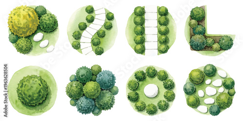 Watercolor set of top view garden architecture plan layouts with stone paths stepping stones bushes and grass for landscaping isolated on transparent background