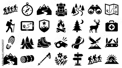 Fotografie Collection of hiking and outdoor adventure icons representing travel camping and