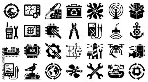 Collection of technology and industry icons representing marine, automotive, and electronic services and equipment
