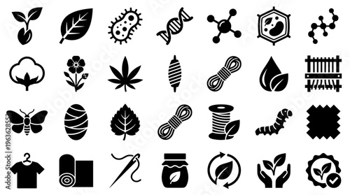 Collection of icons representing biotechnology, organic materials, and sustainable textile production, including plants, DNA, cells, and manufacturing processes