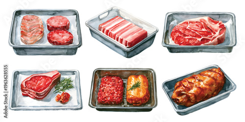 Watercolor set of assorted raw beef, pork, steaks, ground meat, and cooked roast in packaging trays isolated on transparent background