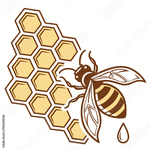 Charming honey bee and detailed honeycomb illustration with sweet drip, natural insect vector graphic for organic food product labels and packaging designs, dripping honey, design element, food label