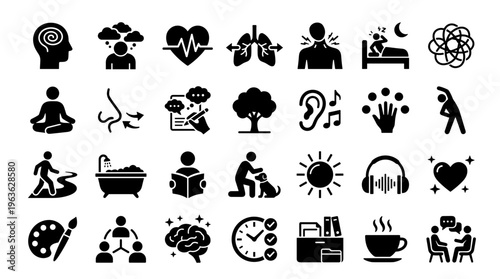 Collection of Icons Representing Mental and Physical Well being Activities and Concepts for Health and Lifestyle