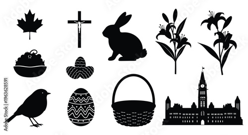 Black silhouettes depicting easter religious and canadian symbols on a white background