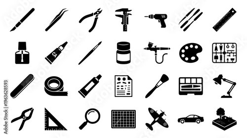 Collection of hobby modeling tools and supplies for creative crafting and detailed model building projects