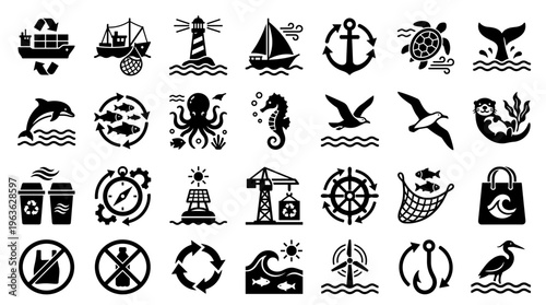 Collection of marine life conservation and eco friendly transport icons representing ocean sustainability and environmental protection concepts