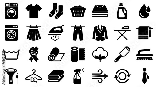 Collection of laundry and clothing care icons representing washing drying ironing and fabric maintenance symbols for domestic and professional use