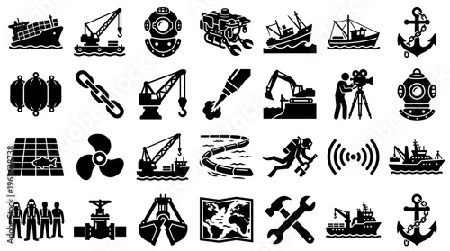 Collection of maritime and industrial icons representing shipping, construction, and marine operations