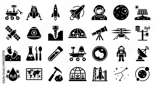 Space Exploration Icons Set: Planets Rockets Astronauts Rovers Satellites Scientific Instruments and Celestial Objects for Cosmic Discovery