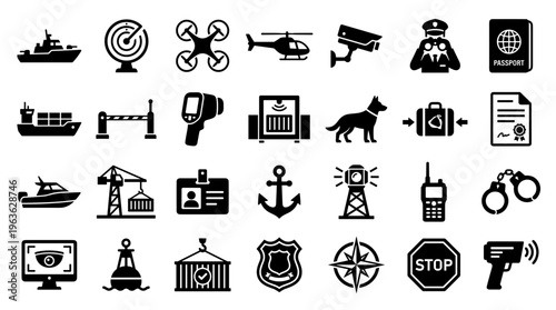 Security and surveillance icons set for border control and transportation safety, including ships, drones, cameras, and identification.