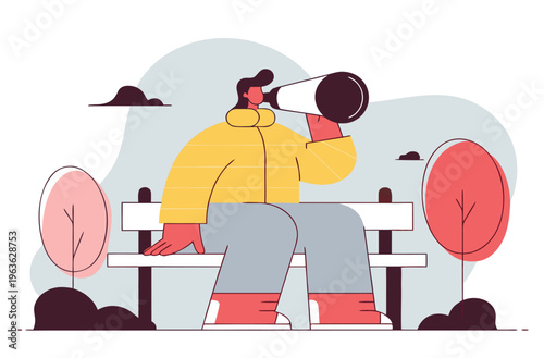 Observant individual exploring the horizon with a monocular from a park bench