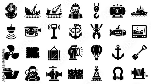 Collection of nautical and maritime icons representing ships, submarines, diving equipment, anchors, buoys, and industrial marine technology for sea transport and ocean exploration