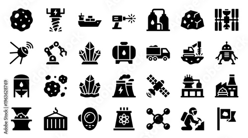 Collection of industrial and technological icons representing mining manufacturing space exploration and energy production with a clean modern design