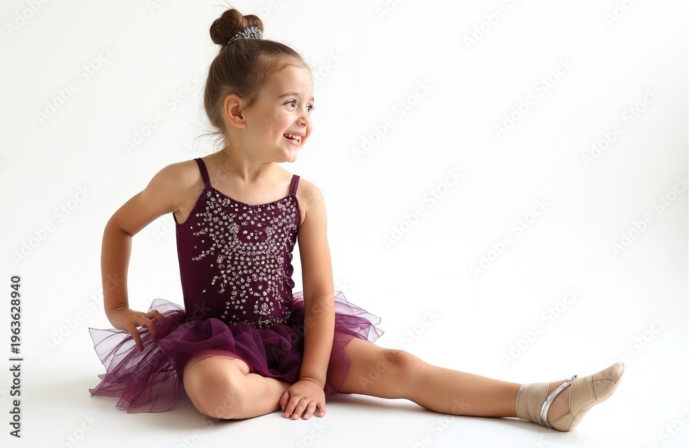 Naklejka premium Little girl in sparkly purple dance costume sits on floor. She wears ballet slippers and has her hair in a bun. Young dancer smiles while sitting down, preparing for her next move.