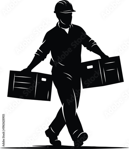 Vector factory worker silhouette carrying crates