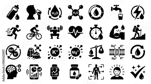 Healthy lifestyle icons showing hydration exercise nutrition and wellness concepts