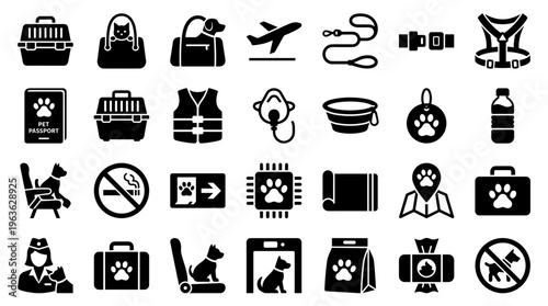 Collection of black and white icons for pet travel and care including carriers, passports, safety gear, and travel accessories