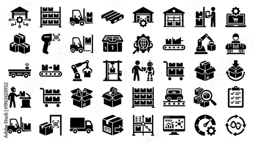 Modern logistics and warehouse automation icons representing supply chain management, delivery, and industrial technology solutions for efficient operations