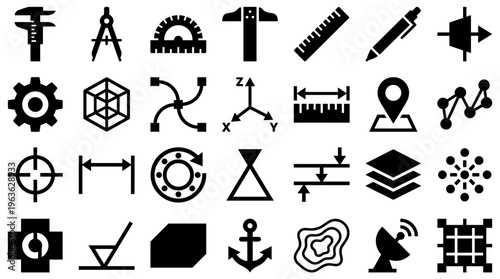 Collection of engineering and design icons representing measurement tools, geometric shapes, and technical diagrams for precision and planning