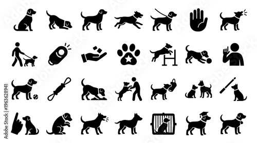 Collection of dog icons and silhouettes representing various activities training and pet care concepts on white background
