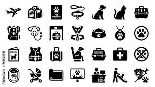 Collection of icons representing pet travel and care services at airports and travel hubs