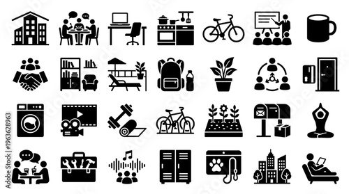 Diverse icons representing modern lifestyle activities work leisure fitness home and community in a clean black and white graphic collection
