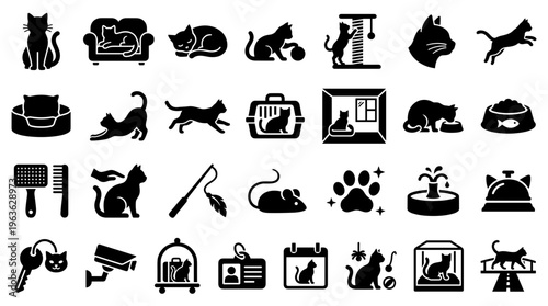 Collection of Cat Icons and Symbols Representing Pet Care Activities and Lifestyle Elements