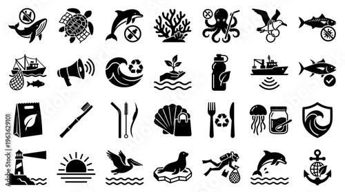 Collection of environmental conservation icons illustrating marine life protection, recycling, sustainability, and ocean care concepts
