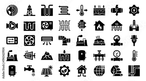 Collection of icons representing energy efficiency, renewable energy sources, and industrial processes