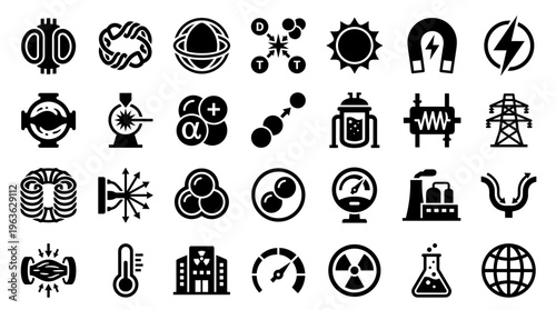 Collection of science and technology icons representing energy research, physics, chemistry, and engineering concepts