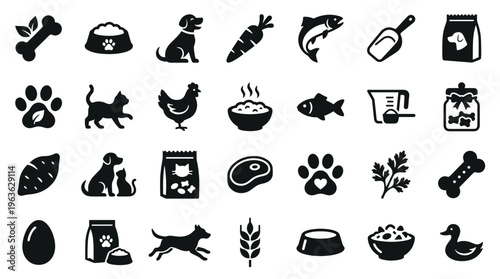 Collection of pet food and animal icons representing healthy nutrition for dogs cats and farm animals with ingredients like fish meat vegetables and grains