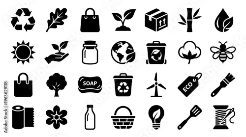 Collection of eco friendly and sustainability icons representing nature recycling and organic products for environmental awareness and green living concepts