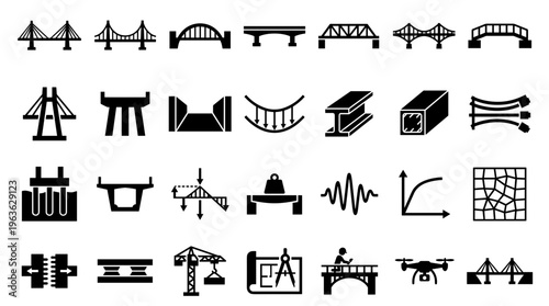Collection of bridge types and civil engineering icons representing construction design and infrastructure development concepts