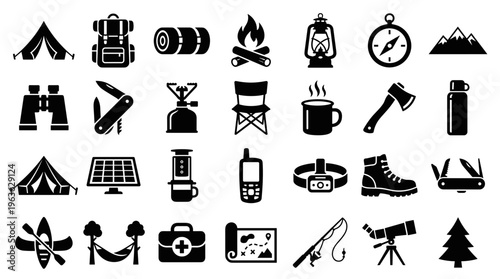 Collection of camping and outdoor adventure icons representing hiking equipment, survival gear, and nature activities for travel and recreation themes