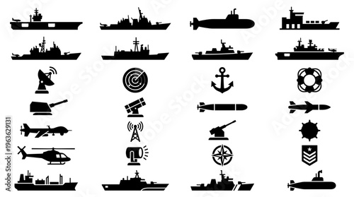 Collection of military naval and air force vessels and equipment icons for defense and security concepts