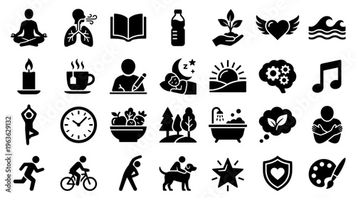 Collection of icons representing healthy lifestyle activities self care and wellness concepts for modern living and personal growth