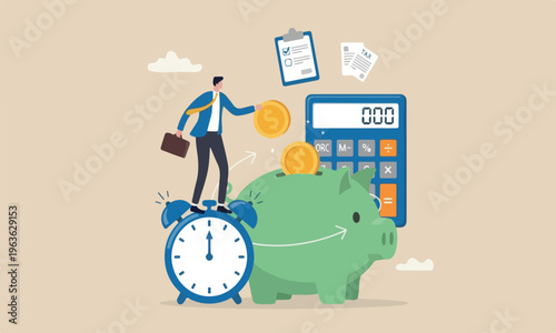Long term savings for retirement fund, compound interest or investment growth, tax time reminder concept, businessman on alarm clock put more dollar coin money to increase his savings