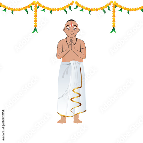 Indian Hindu Brahmin Priest Character Traditional Dhoti Standing Namaste Gesture Marigold Garland Decoration Vector Illustration for Puja Festival and Wedding Invitation Design