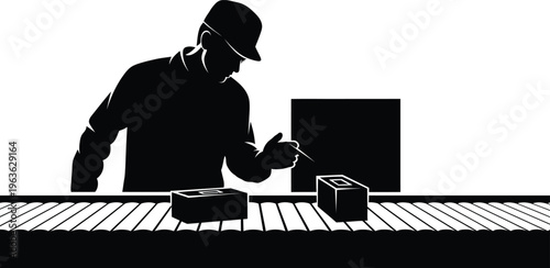 Vector factory worker silhouette industrial scene with worker and crates