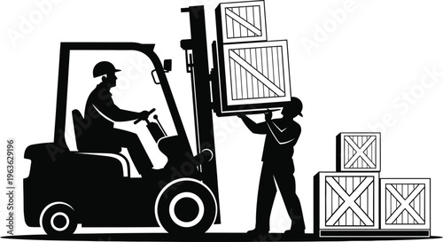 Vector factory worker silhouette operating forklift with crates