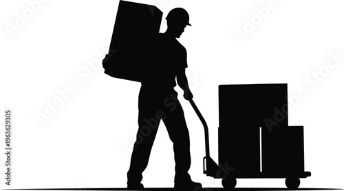 Vector silhouette of a factory worker carrying a large object on a dolly