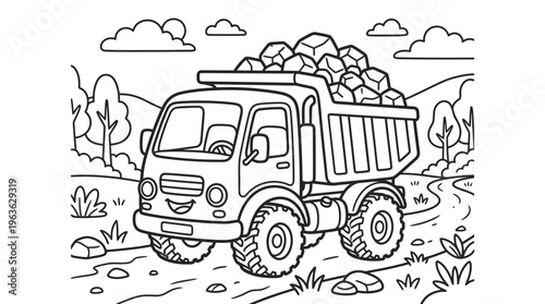 Large truck carrying heavy load outdoors.