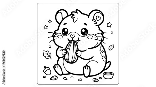 Cute cartoon hamster holding leaf.